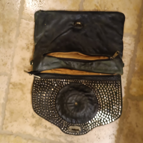 Studded Black Leather Clutch with Green Accent - Picture 3 of 5